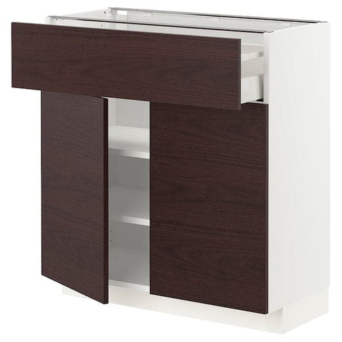 METOD / MAXIMERA - Base cabinet with drawer/2 doors, white Askersund/dark brown ash effect, 80x37 cm