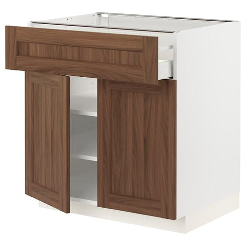 METOD / MAXIMERA - Base cabinet with drawer/2 doors, white Enköping/brown walnut effect, 80x60 cm