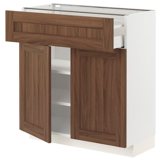 Ikea METOD / MAXIMERA - Base cabinet with drawer/2 doors, white Enköping/brown walnut effect, 80x37 cm