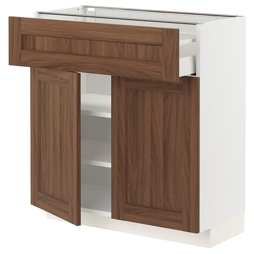 METOD / MAXIMERA - Base cabinet with drawer/2 doors, white Enköping/brown walnut effect, 80x37 cm