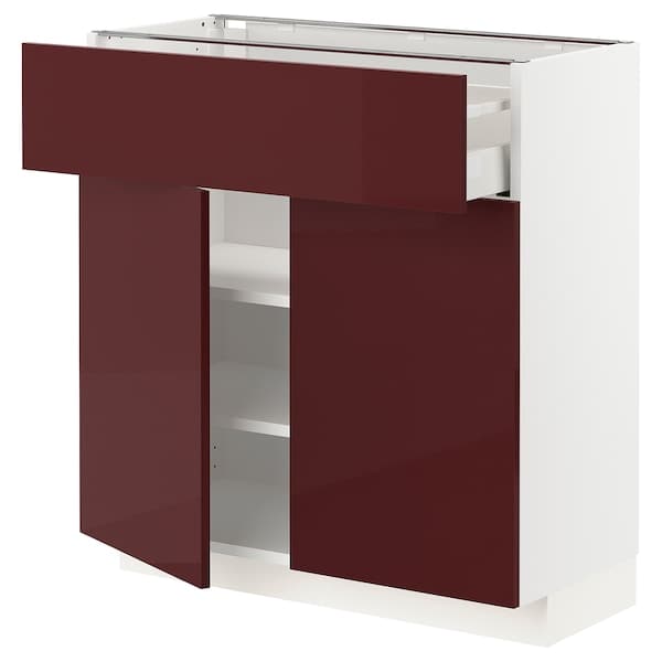 METOD / MAXIMERA - Base cabinet with drawer/2 doors, white Kallarp/high-gloss dark red-brown