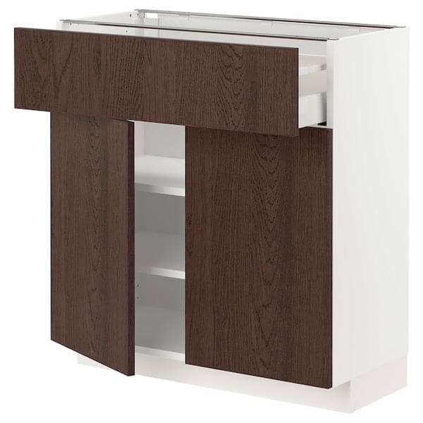 METOD / MAXIMERA - Base cabinet with drawer/2 doors, white/Sinarp brown , 80x37 cm