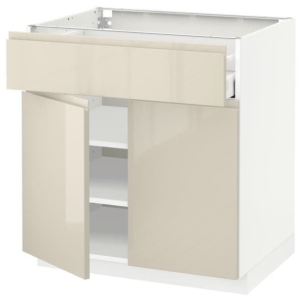 METOD / MAXIMERA - Base cabinet with drawer/2 doors, white/Voxtorp high-gloss light beige, 80x60 cm - best price from Maltashopper.com 99462879
