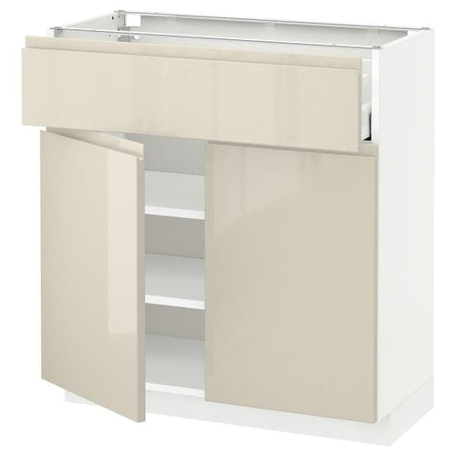 METOD / MAXIMERA - Base cabinet with drawer/2 doors, white/Voxtorp high-gloss light beige, 80x37 cm