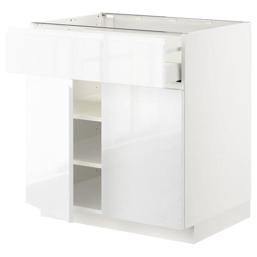 METOD / MAXIMERA - Base cabinet with drawer/2 doors, white/Voxtorp high-gloss/white, 80x60 cm