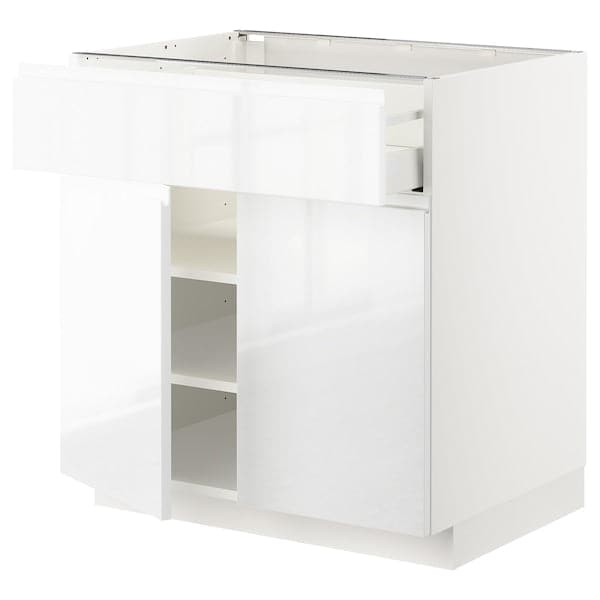 METOD / MAXIMERA - Base cabinet with drawer/2 doors, white/Voxtorp high-gloss/white, 80x60 cm