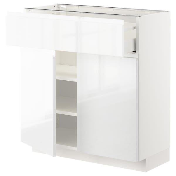 METOD / MAXIMERA - Base cabinet with drawer/2 doors, white/Voxtorp high-gloss/white, 80x37 cm