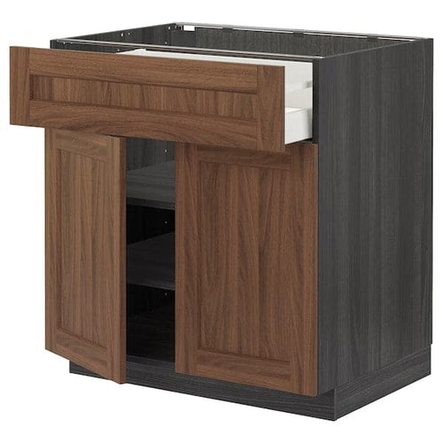 METOD / MAXIMERA - Base cabinet with drawer/2 doors, black Enköping/brown walnut effect, 80x60 cm