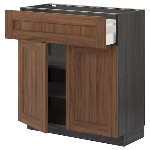 METOD / MAXIMERA - Base cabinet with drawer/2 doors, black Enköping/brown walnut effect, 80x37 cm
