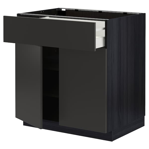 METOD / MAXIMERA - Base cabinet with drawer/2 doors, black/Nickebo matt anthracite, 80x60 cm