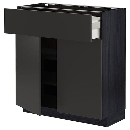 METOD / MAXIMERA - Base cabinet with drawer/2 doors, black/Nickebo matt anthracite, 80x37 cm