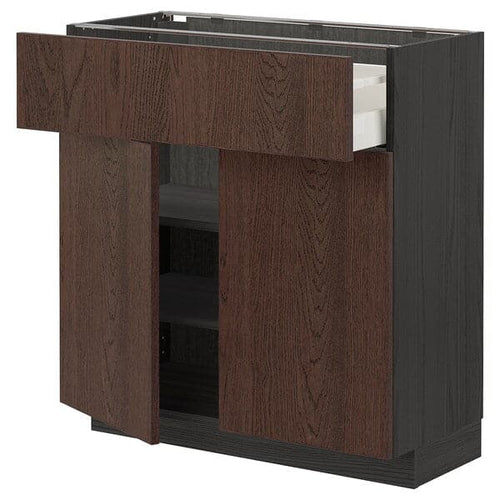 METOD / MAXIMERA - Base cabinet with drawer/2 doors, black/Sinarp brown, 80x37 cm
