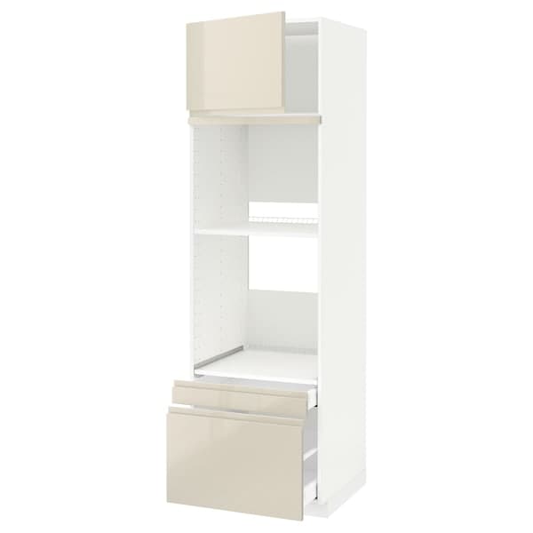 METOD / MAXIMERA - Hi cab f ov/combi ov w dr/2 drwrs, white/Voxtorp high-gloss light beige, 60x60x200 cm