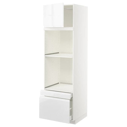 METOD / MAXIMERA hi cab f ov/combi ov w dr/2 drwrs, white/Voxtorp high-gloss/white, 60x60x200 cm