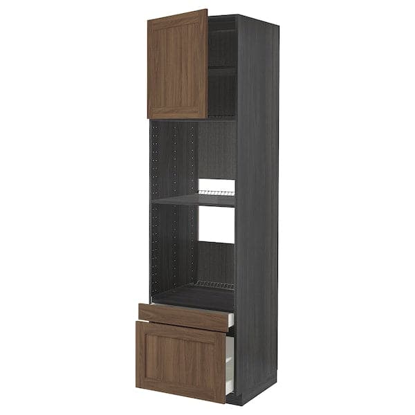 Ikea METOD / MAXIMERA - Hi cab f ov/combi ov w dr/2 drwrs, black Enköping/brown walnut effect, 60x60x220 cm