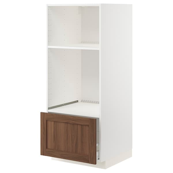 METOD / MAXIMERA - High cab for oven/micro w drawer, white Enköping/brown walnut effect, 60x60x140 cm - best price from Maltashopper.com 49474993