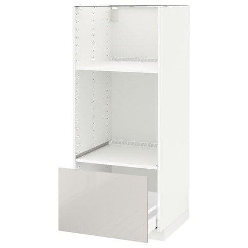 METOD / MAXIMERA - High cab for oven/micro w drawer, white/Ringhult light grey, 60x60x140 cm