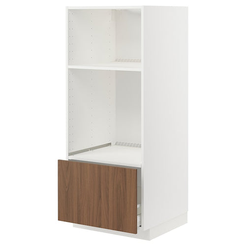 METOD / MAXIMERA - High cab for oven/micro w drawer, white/Tistorp brown walnut effect, 60x60x140 cm