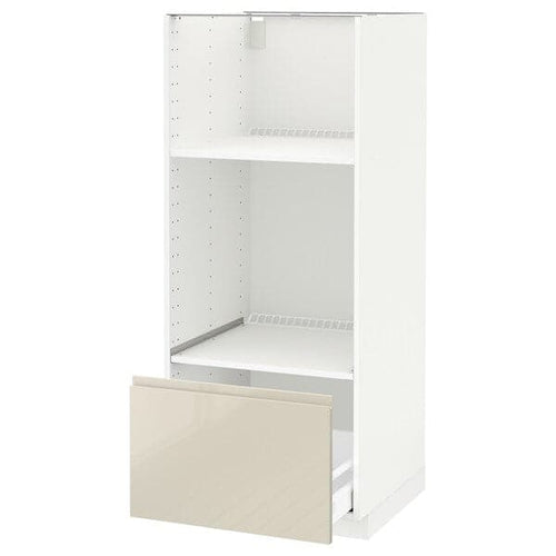 METOD / MAXIMERA - High cab for oven/micro w drawer, white/Voxtorp high-gloss light beige, 60x60x140 cm
