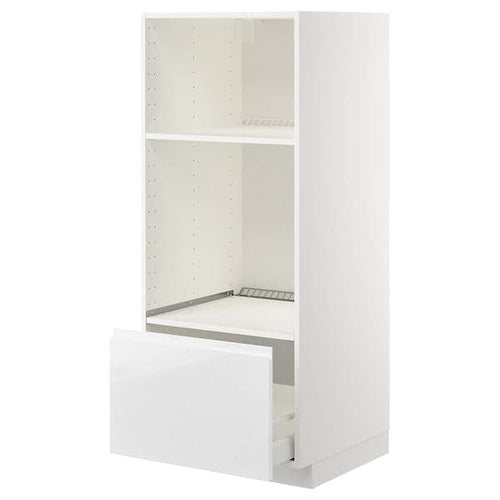 METOD / MAXIMERA - High cab for oven/micro w drawer, white/Voxtorp high-gloss/white, 60x60x140 cm