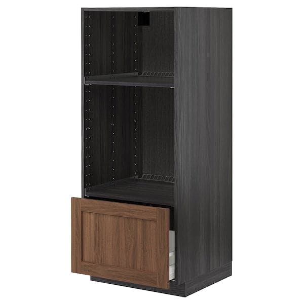 METOD / MAXIMERA - High cab for oven/micro w drawer, black Enköping/brown walnut effect, 60x60x140 cm - best price from Maltashopper.com 09476734