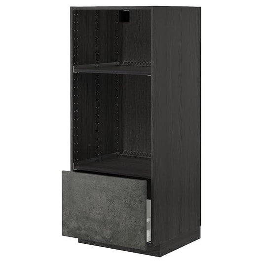 METOD / MAXIMERA Oven/micro cabinet with drawer - black/Kalhyttan cement effect dark grey 60x60x140 cm , - best price from Maltashopper.com 09415528