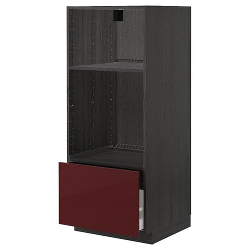 METOD / MAXIMERA - High cab for oven/micro w drawer, black Kallarp/high-gloss dark red-brown, 60x60x140 cm