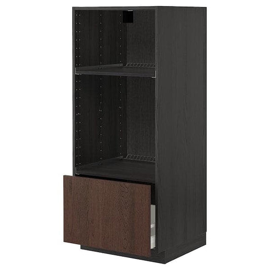Ikea METOD / MAXIMERA - High cab for oven/micro w drawer, black/Sinarp brown, 60x60x140 cm