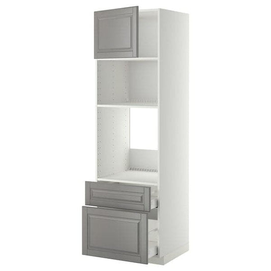 METOD / MAXIMERA - High cab f oven/micro w dr/2 drwrs, white/Bodbyn grey , 60x60x200 cm - best price from Maltashopper.com 59466370