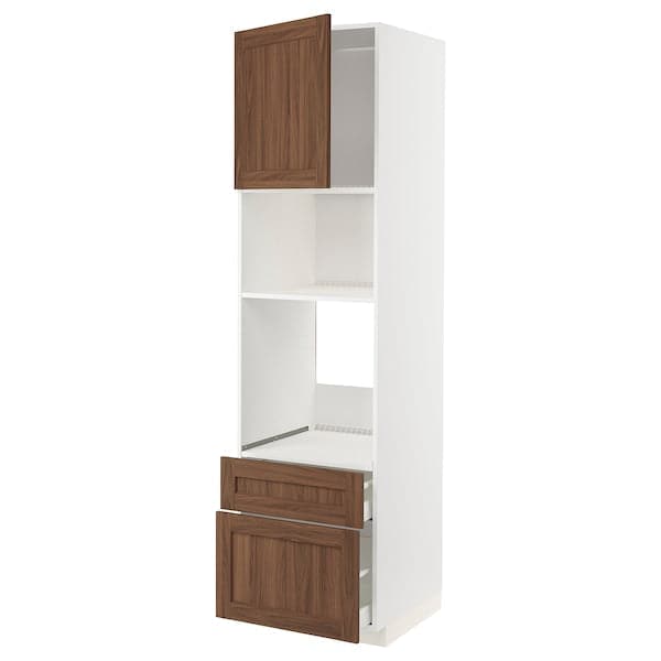 Ikea METOD / MAXIMERA - High cab f oven/micro w dr/2 drwrs, white Enköping/brown walnut effect, 60x60x220 cm
