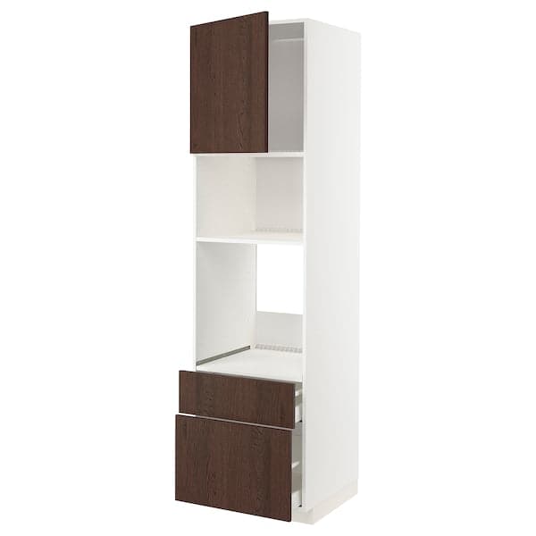 METOD / MAXIMERA - High cab f oven/micro w dr/2 drwrs, white/Sinarp brown, 60x60x220 cm
