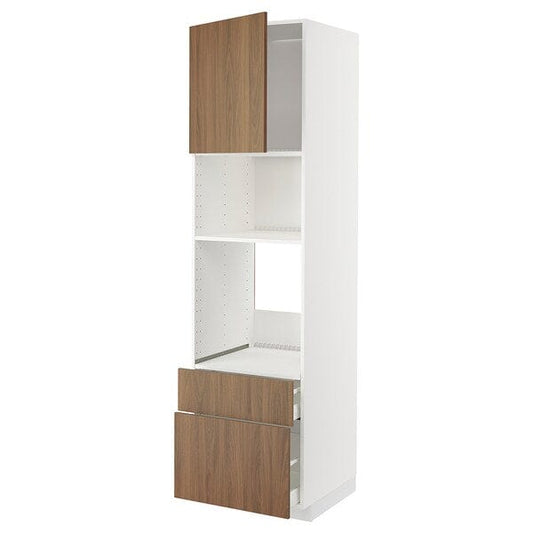 Ikea METOD / MAXIMERA - High cab f oven/micro w dr/2 drwrs, white/Tistorp brown walnut effect, 60x60x220 cm
