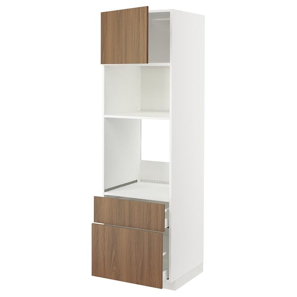 METOD / MAXIMERA - High cab f oven/micro w dr/2 drwrs, white/Tistorp brown walnut effect, 60x60x200 cm