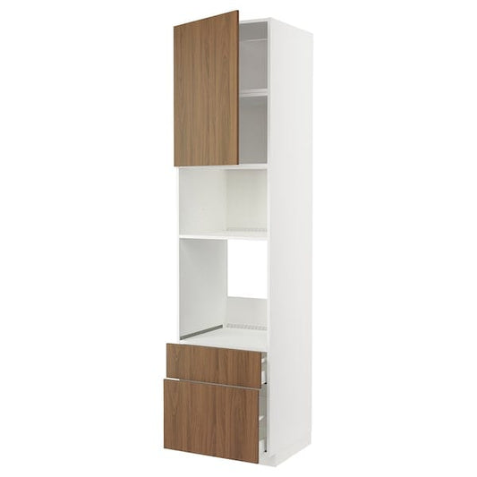 Ikea METOD / MAXIMERA - High cab f oven/micro w dr/2 drwrs, white/Tistorp brown walnut effect, 60x60x240 cm