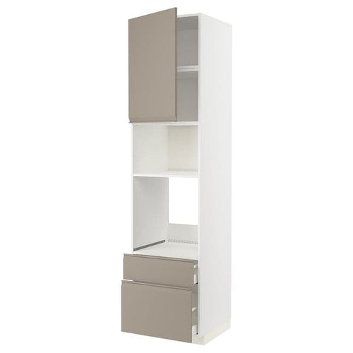 METOD / MAXIMERA high cab f oven/micro w dr/2 drwrs, white/Upplöv matt dark beige, 60x60x240 cm