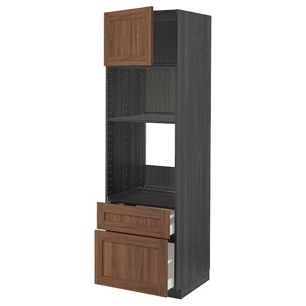 METOD / MAXIMERA - High cab f oven/micro w dr/2 drwrs, black Enköping/brown walnut effect, 60x60x200 cm - best price from Maltashopper.com 49476732