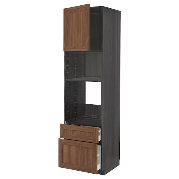 METOD / MAXIMERA - High cab f oven/micro w dr/2 drwrs, black Enköping/brown walnut effect, 60x60x220 cm