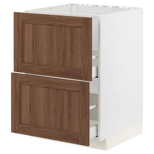 METOD / MAXIMERA - Base cab f sink+2 fronts/2 drawers, white Enköping/brown walnut effect, 60x60 cm
