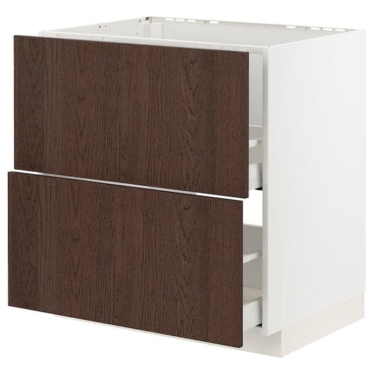 METOD / MAXIMERA - Base cab f sink+2 fronts/2 drawers, white/Sinarp brown, 80x60 cm - best price from Maltashopper.com 89404446
