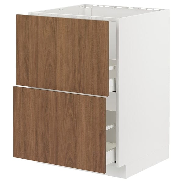Ikea METOD / MAXIMERA - Base cab f sink+2 fronts/2 drawers, white/Tistorp brown walnut effect, 60x60 cm