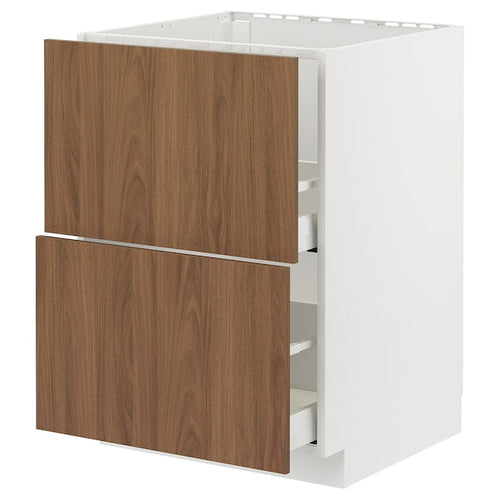 METOD / MAXIMERA - Base cab f sink+2 fronts/2 drawers, white/Tistorp brown walnut effect, 60x60 cm