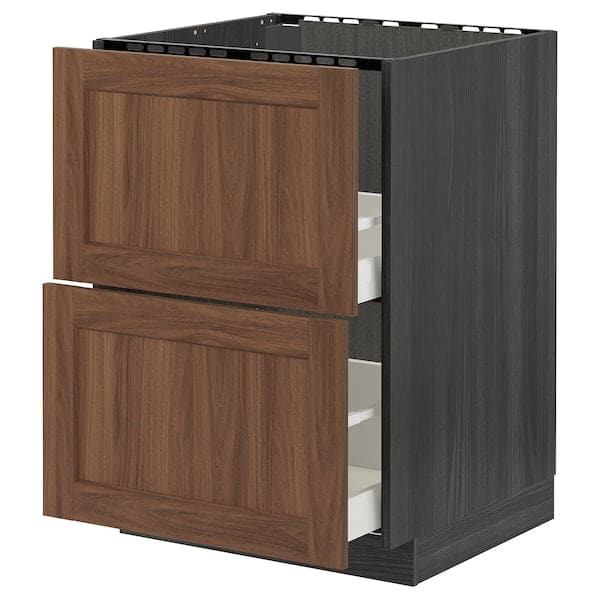 METOD / MAXIMERA - Base cab f sink+2 fronts/2 drawers, black Enköping/brown walnut effect, 60x60 cm