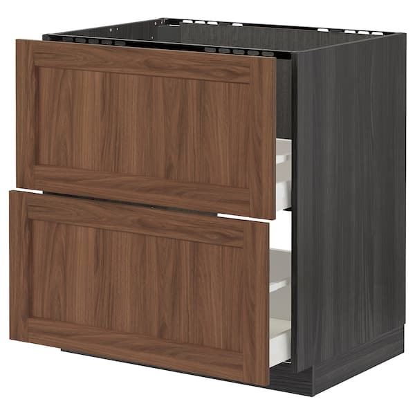 METOD / MAXIMERA - Base cab f sink+2 fronts/2 drawers, black Enköping/brown walnut effect, 80x60 cm