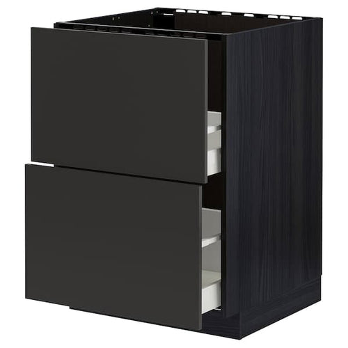 METOD / MAXIMERA - Base cab f sink+2 fronts/2 drawers, black/Nickebo matt anthracite, 60x60 cm
