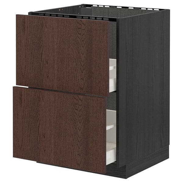 METOD / MAXIMERA - Base cab f sink+2 fronts/2 drawers, black/Sinarp brown, 60x60 cm - best price from Maltashopper.com 59405678