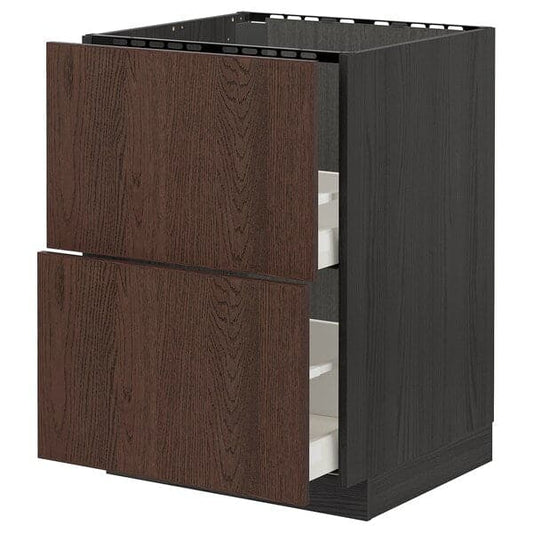 METOD / MAXIMERA - Base cab f sink+2 fronts/2 drawers, black/Sinarp brown, 60x60 cm - best price from Maltashopper.com 59405678