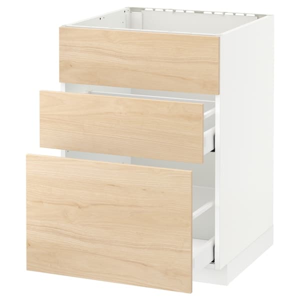 METOD / MAXIMERA - Base cab f sink+3 fronts/2 drawers, white/Askersund light ash effect, 60x60 cm