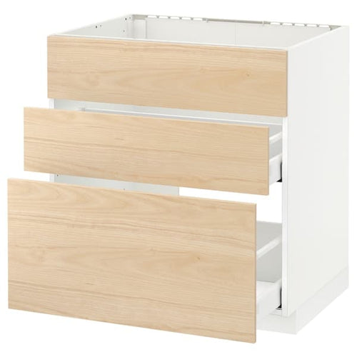 METOD / MAXIMERA - Base cab f sink+3 fronts/2 drawers, white/Askersund light ash effect, 80x60 cm