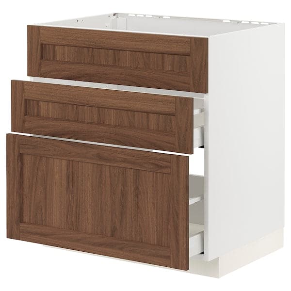Ikea METOD / MAXIMERA - Base cab f sink+3 fronts/2 drawers, white Enköping/brown walnut effect, 80x60 cm