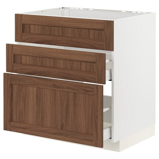Ikea METOD / MAXIMERA - Base cab f sink+3 fronts/2 drawers, white Enköping/brown walnut effect, 80x60 cm